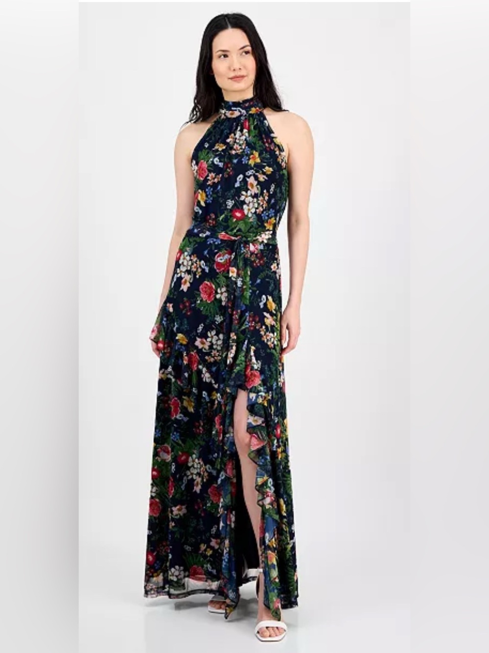 Anne Klein Black Floral Midi Dress with Red and Pink Blooms